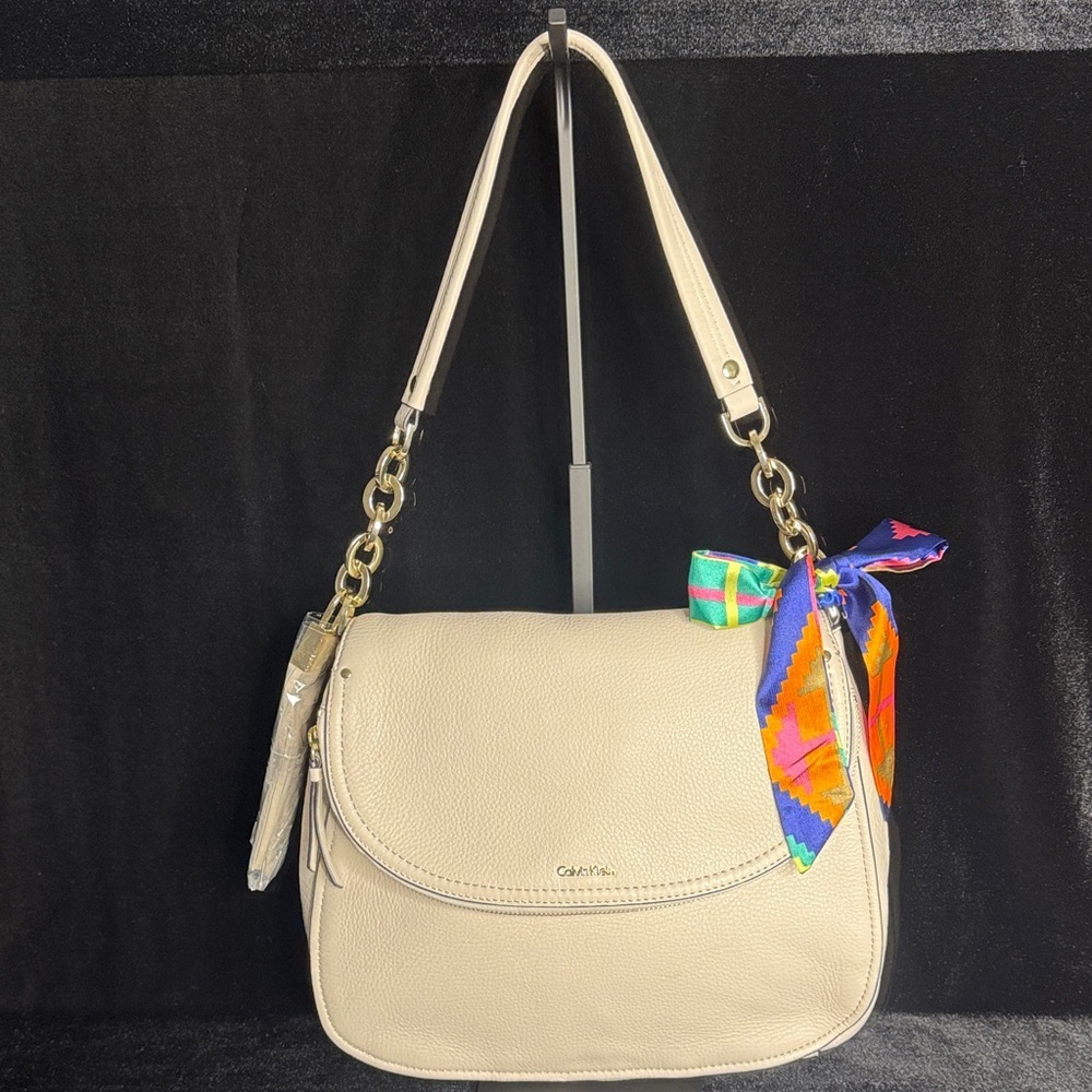 Calvin Klein Beige Shoulder Bag with Multicolor Scarf